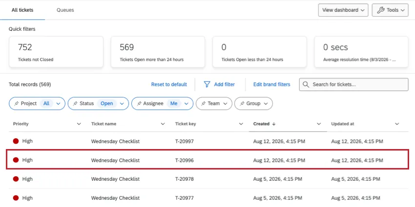 image of tickets follow-up page with a ticket highlighted