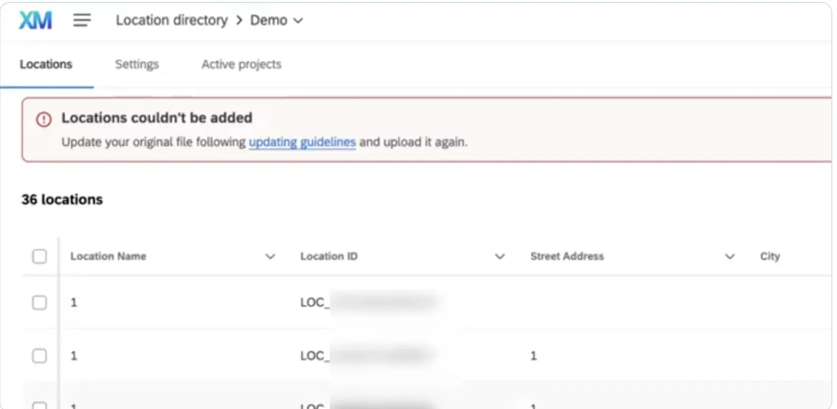the message when locations aren't uploaded