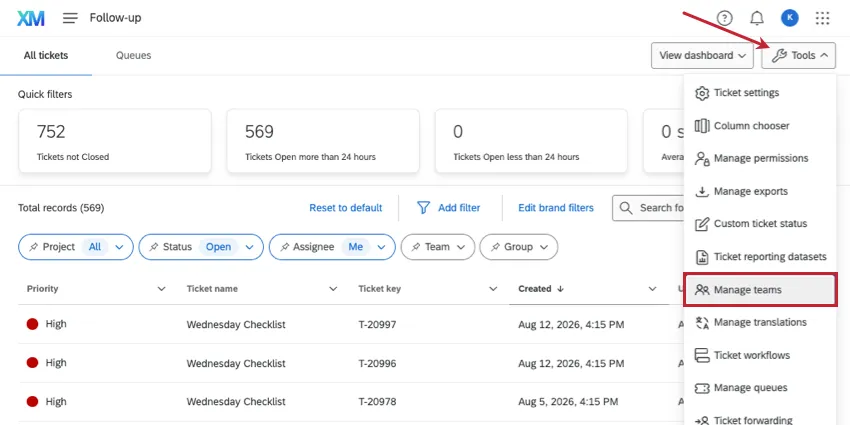 manage teams under ticket tools