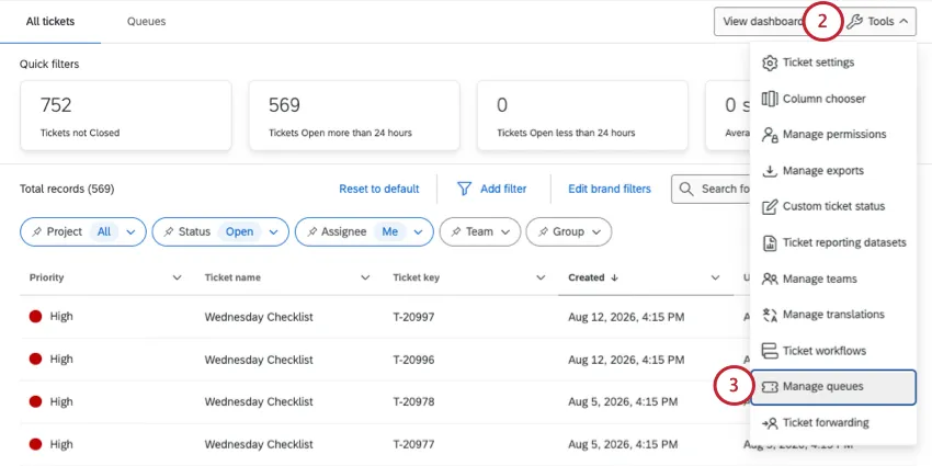 manage queues in the ticket tools menu