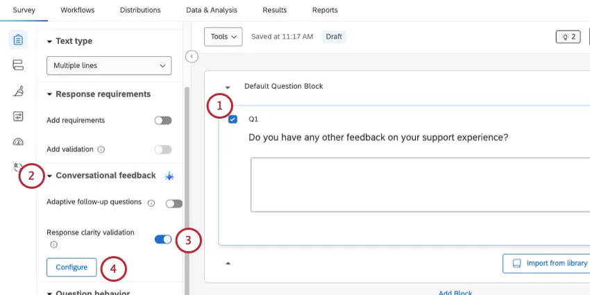 selecting a text entry and configuring the response clarity