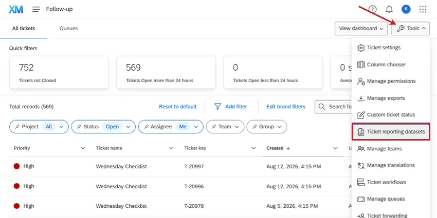 tools menu on top right of tickets page opened with ticket reporting datasets option