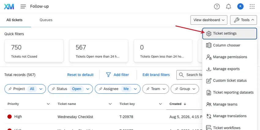 nella pagina successiva, cliccando sul pulsante "Strumenti" vengono visualizzate le impostazioni del ticket