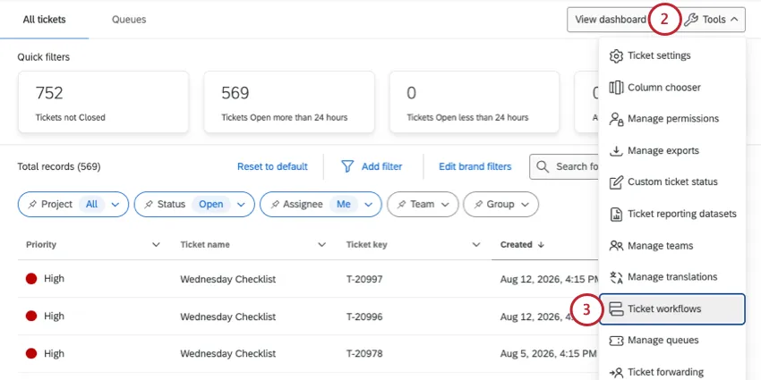 ticket workflows option in the tools menu on the tickets follow up page