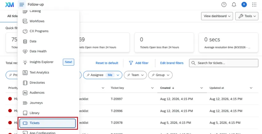 top left global hamburger menu opened and tickets highlighted 