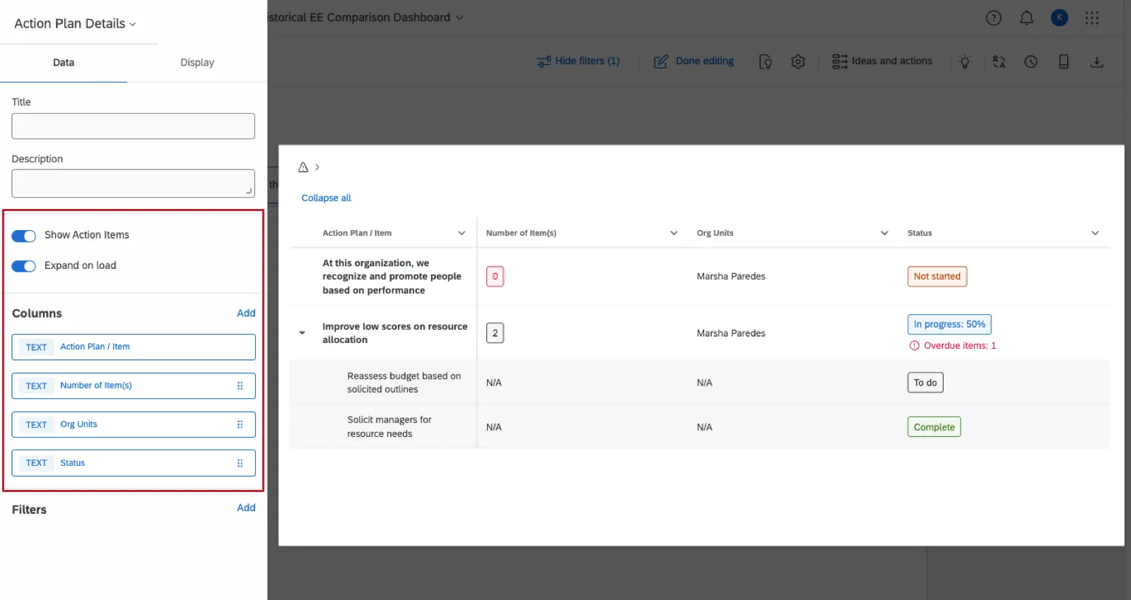 image of an action plan details widget in editing mode, with all its settings highlighted in the left editing pane