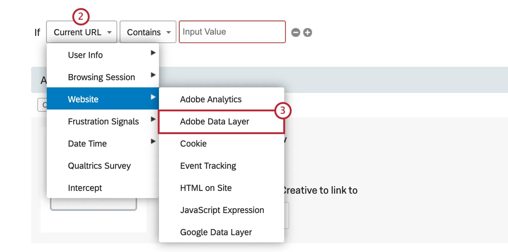 dropdown for the website condition with adobe data layer selected