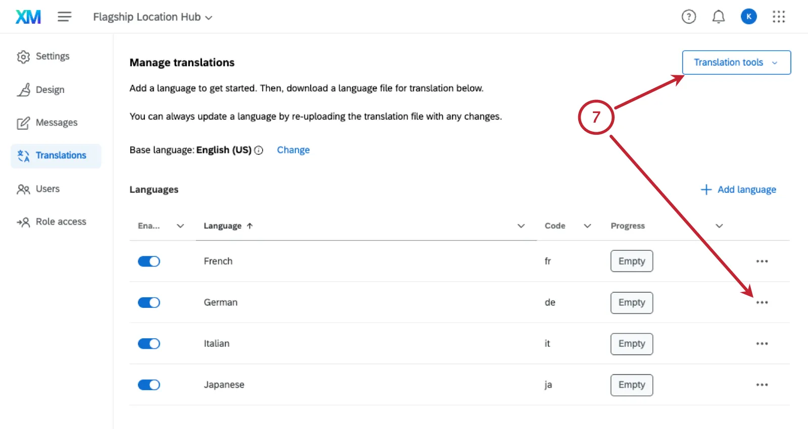 translation tools button and 3 dots next to each language listed