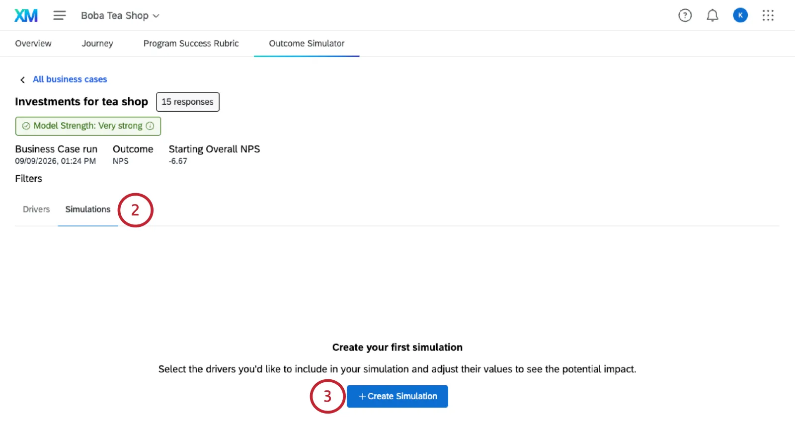 simulations tab with create simulations button in center