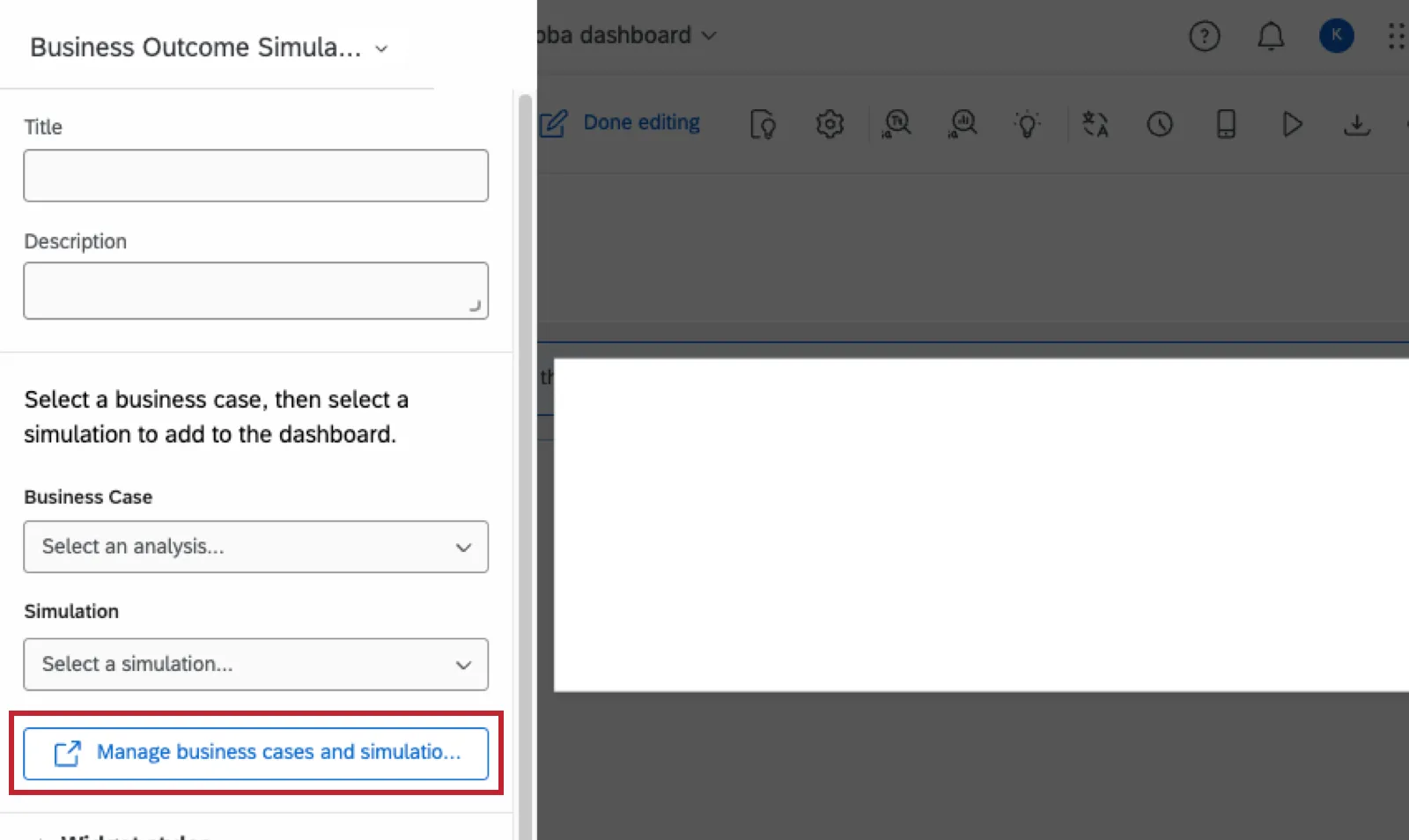 manage business cases button in the editor of the same name widget
