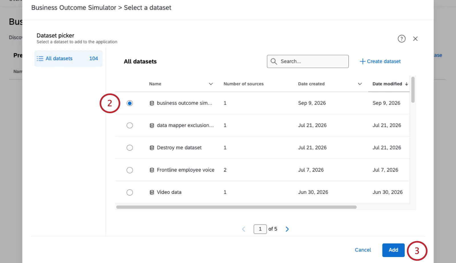 image of the modal where you select a dataset