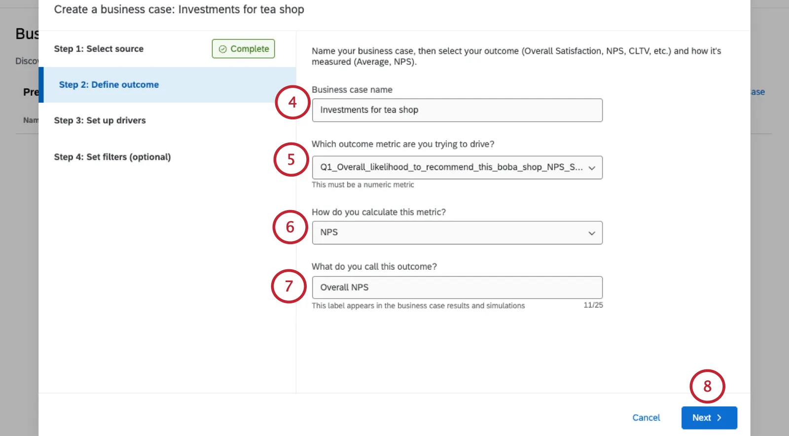 modal where you choose important details for the business outcome simulation