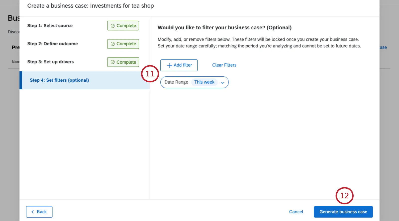 image of the modal where you set up filters for the business case