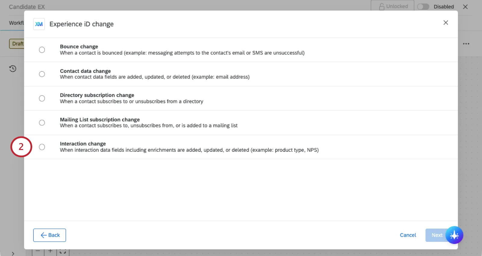 image of the modal that opens when you select experience ID change, and the interactions change option at the bottom of the list of options