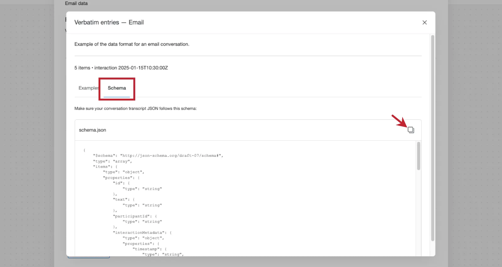 schema tab of the example is open and a copy icon above the JSON text is highlighted 