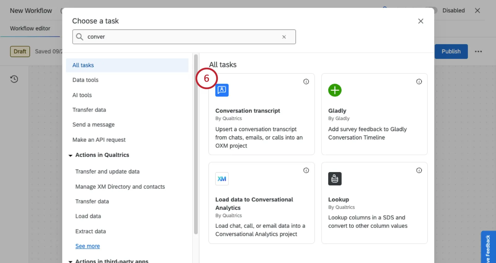 modal where you select a task with conversation transcript highlighted 