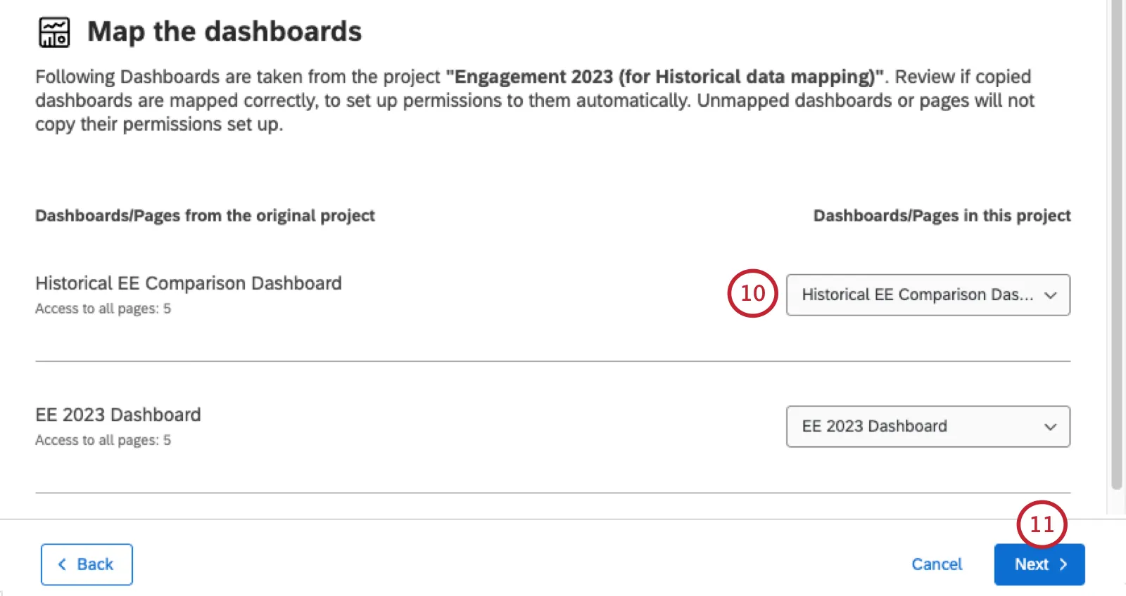 page where you select a dashboard to share in the role