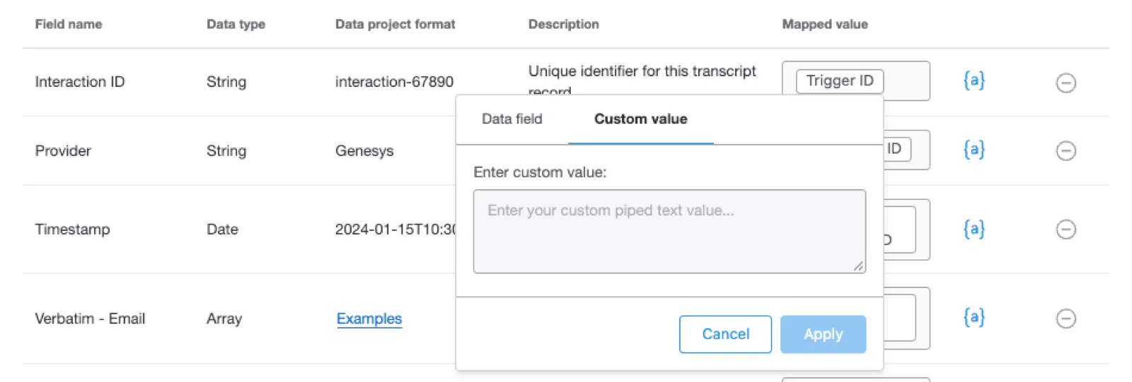 custom value modal has an empty space to write values