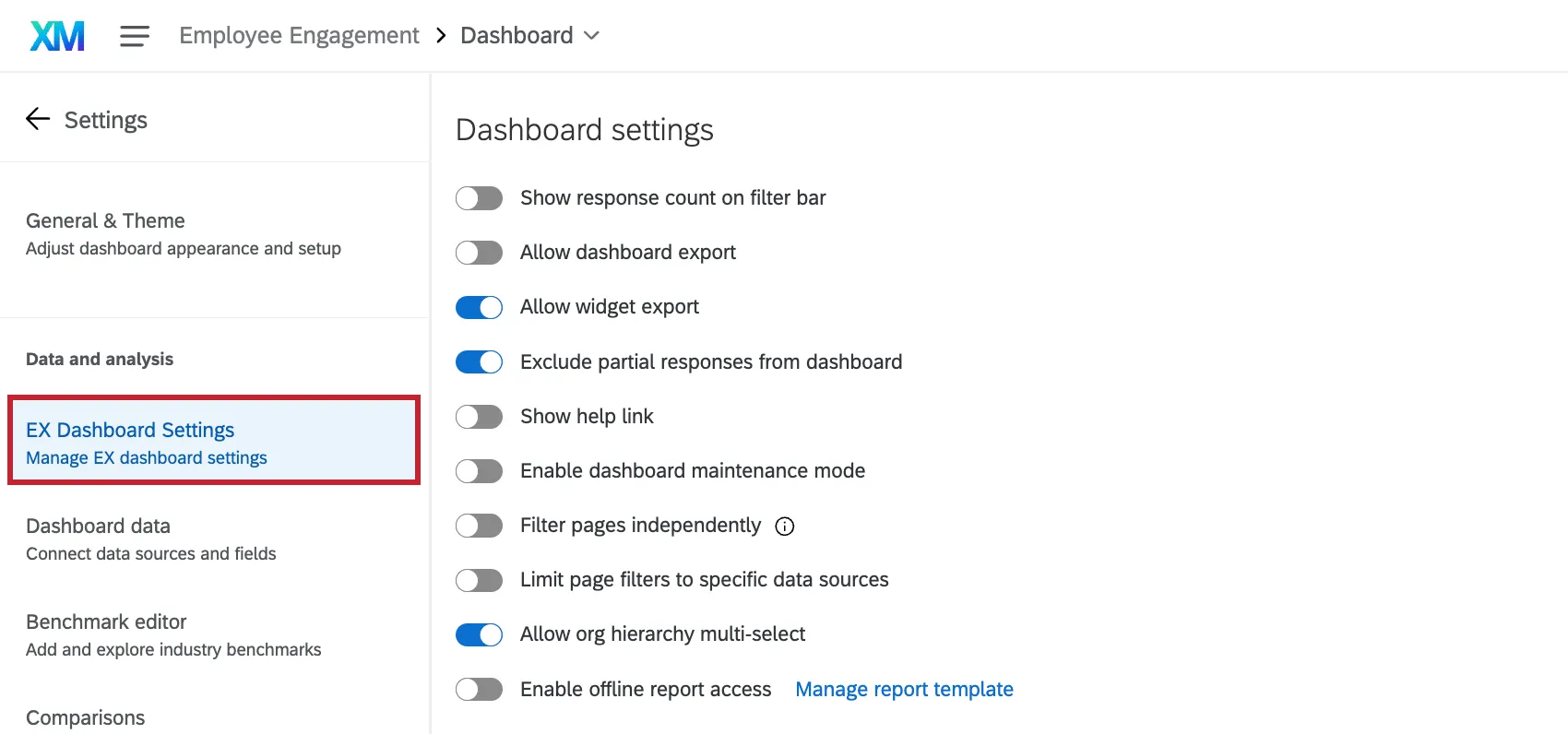 EX Dashboard Settings tab highlighted within a dashboard