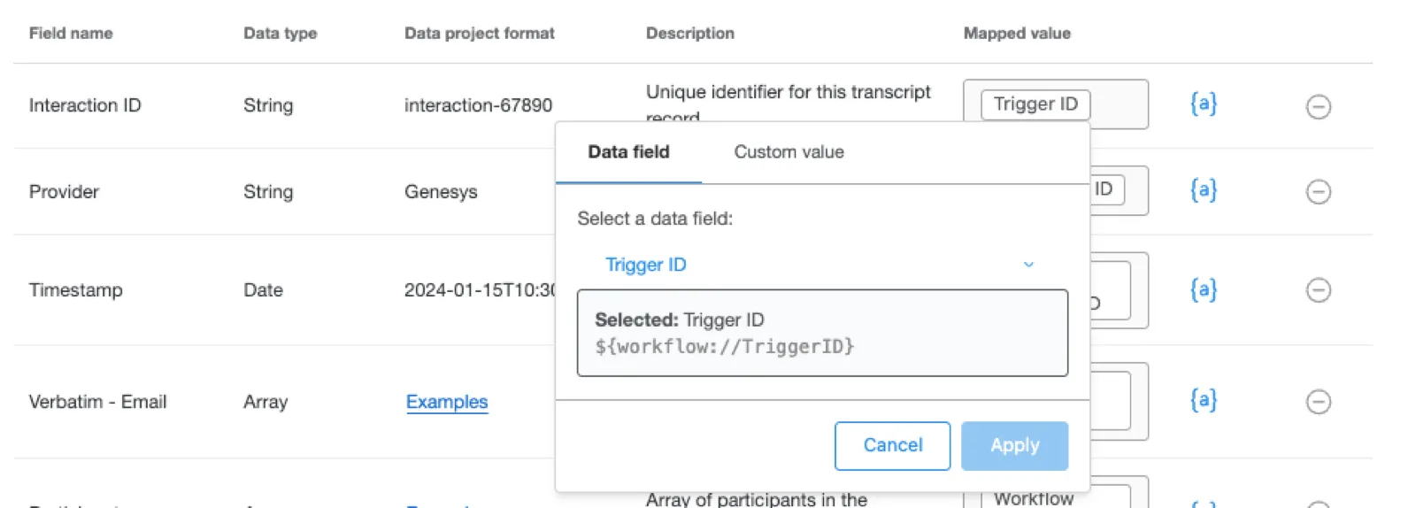small modal coming out from a clicked field value, labelled data field, with a menu to select fields