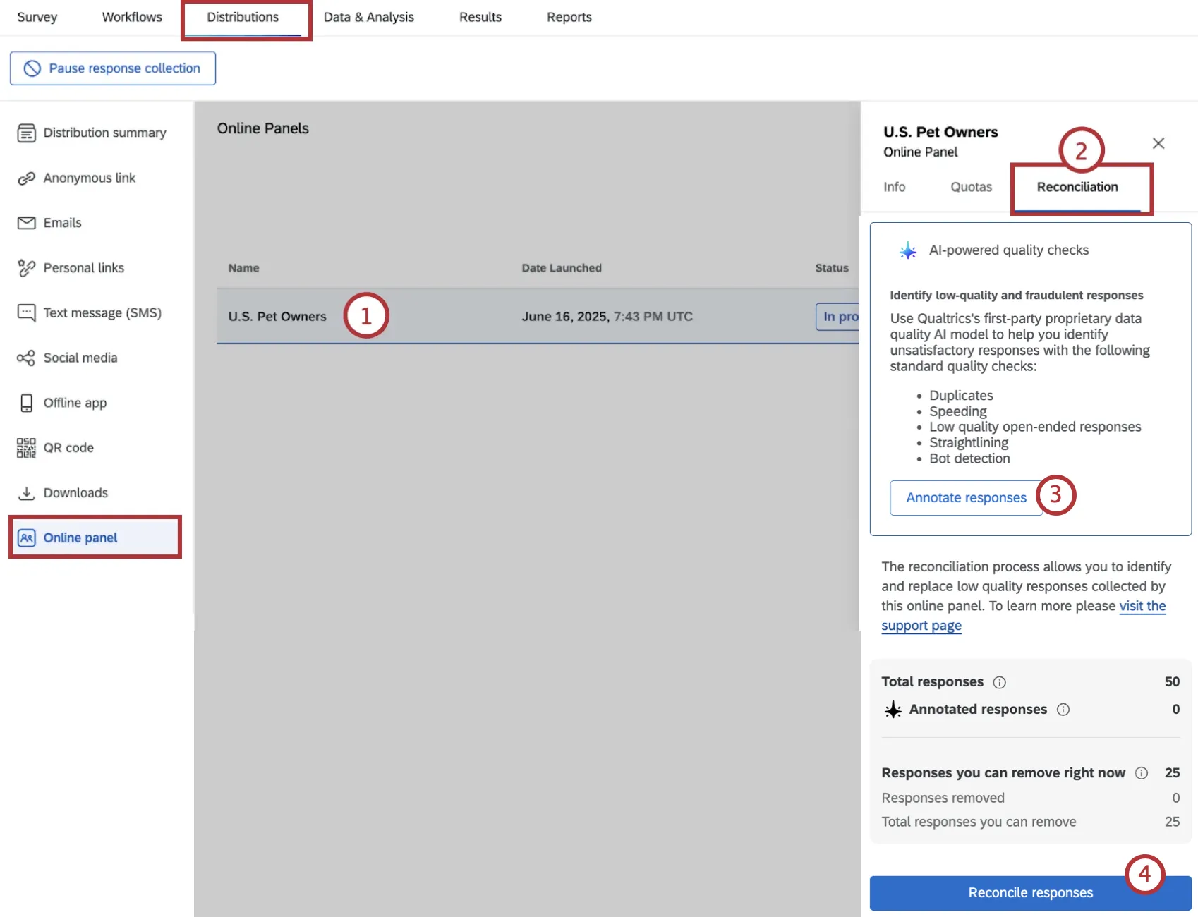 data reconciliation options within the online panels tab