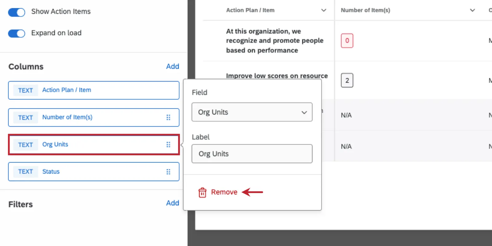 column clicked, opening a menu with deletion options