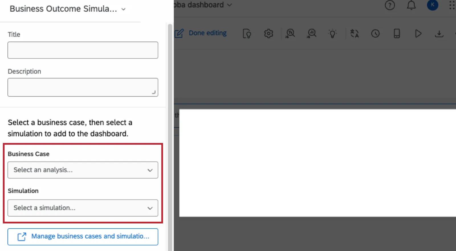 image of a business simulator widget in editing mode with the only 2 fields you need to select highlighted 