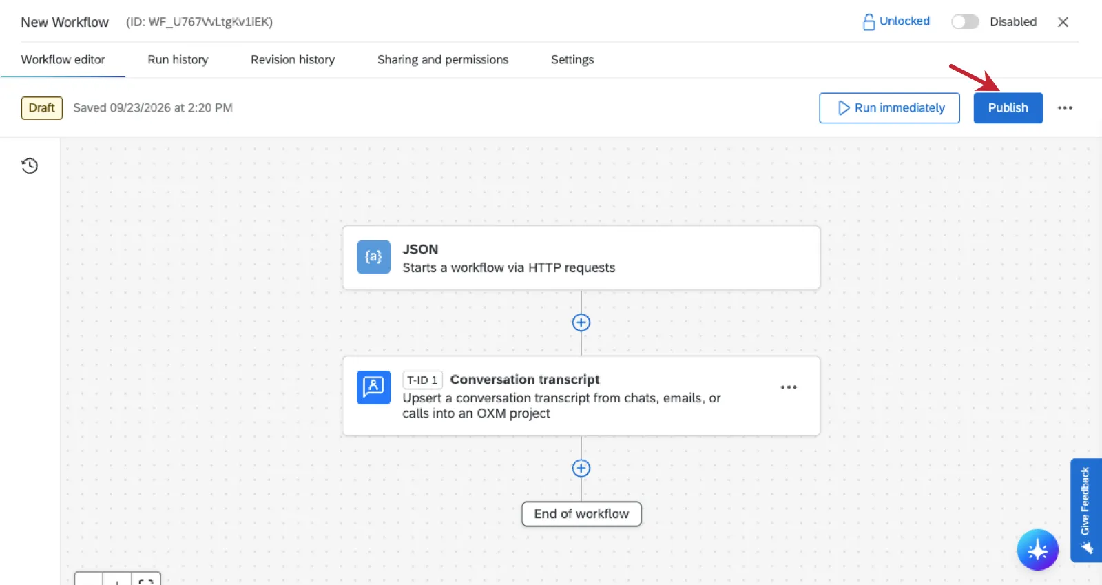 workflow editor with the publish button in the top-right highlighted