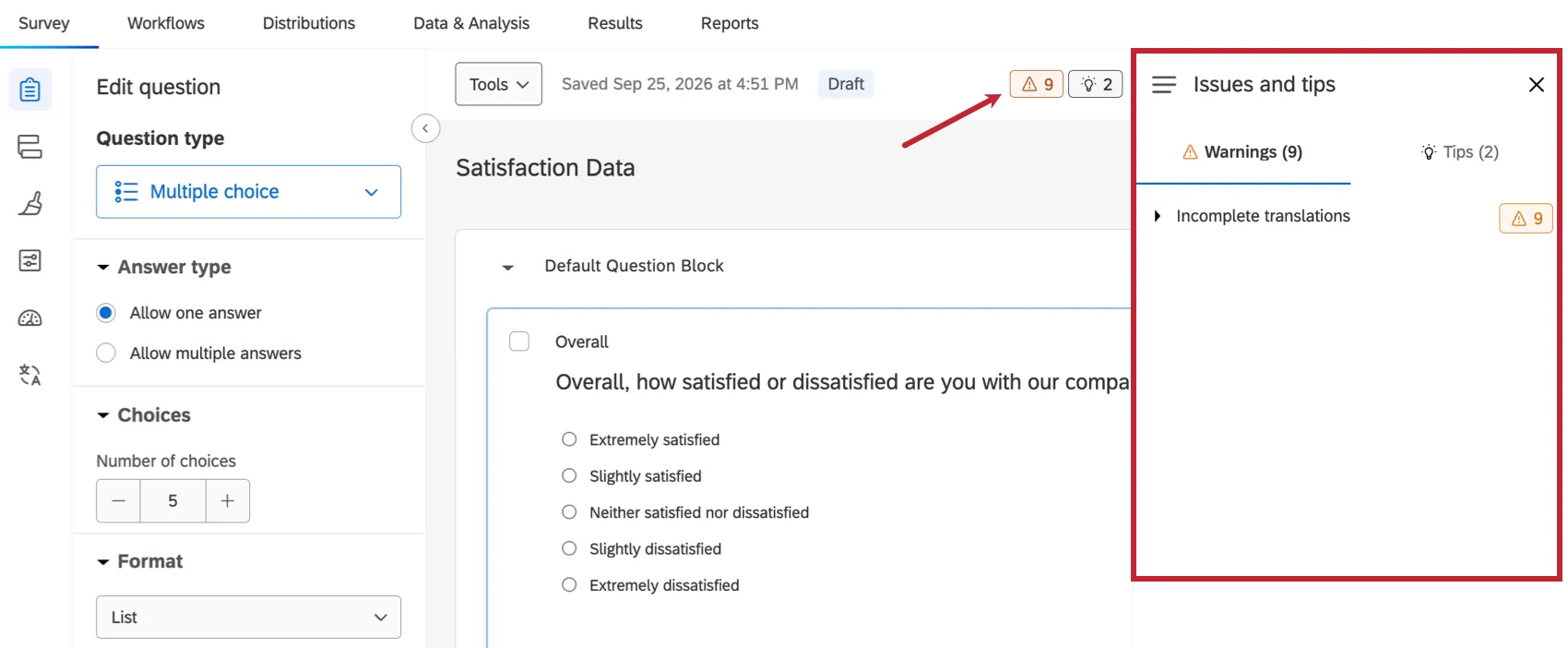 arrow pointing to the issues and tips menu in a survey