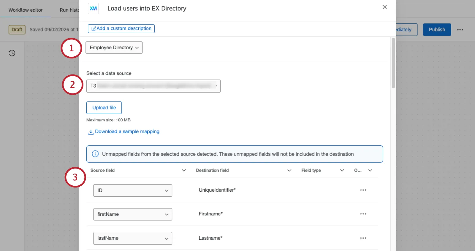 modal where you configure the load EX users task