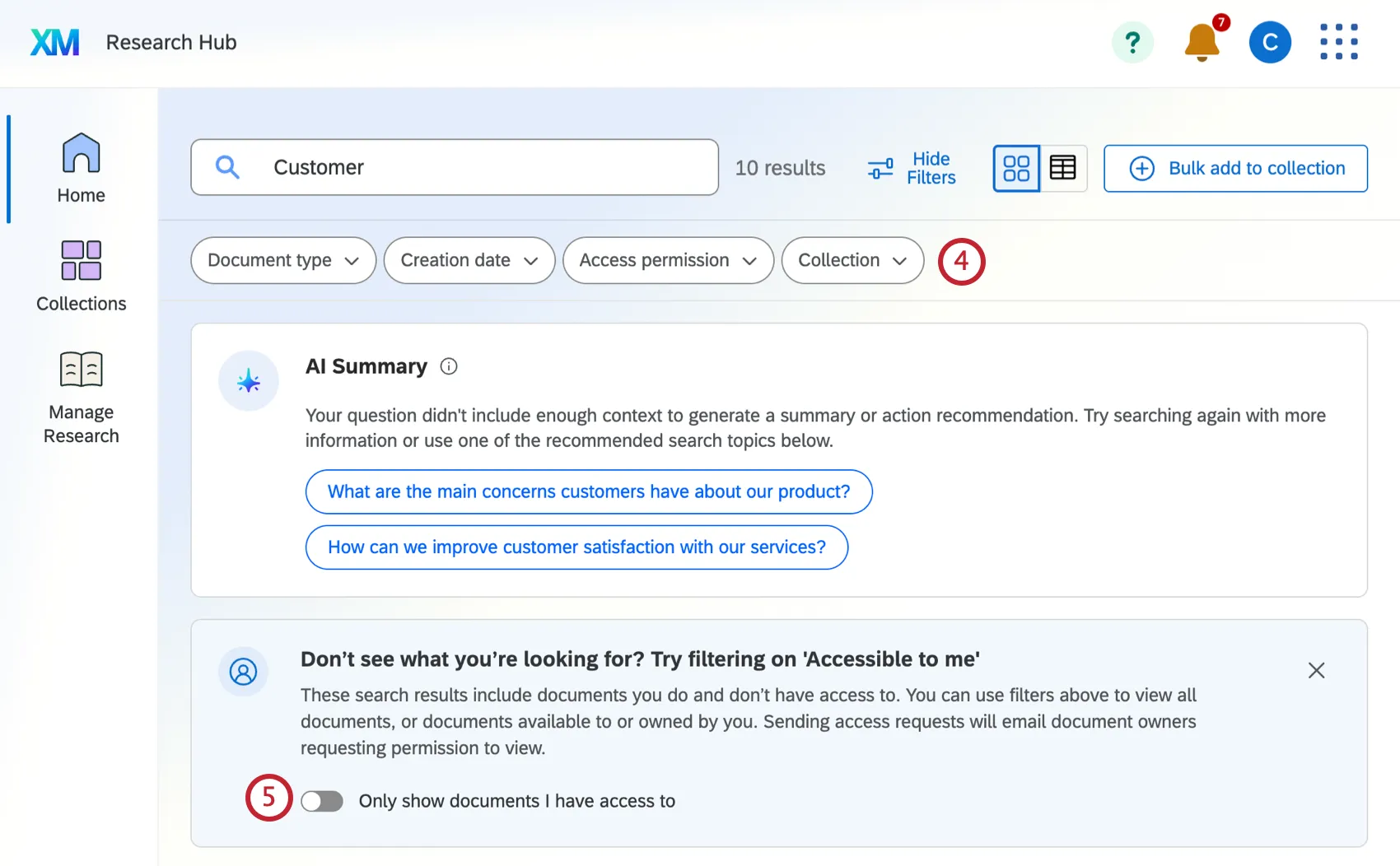 search options within research hub