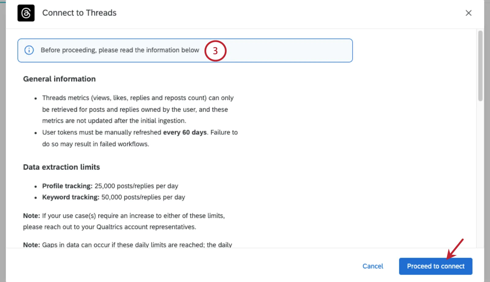 Blue banner warning the viewer to read the social extractor limits