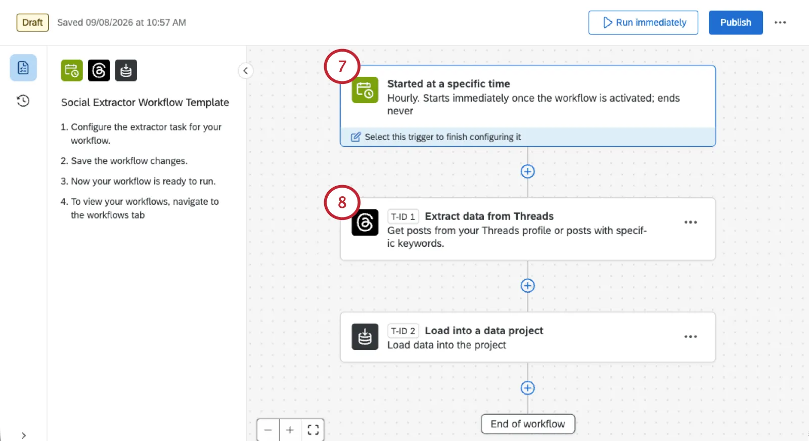 image of the ETL workflow in the builder with the schedule and social media extractor highlighted