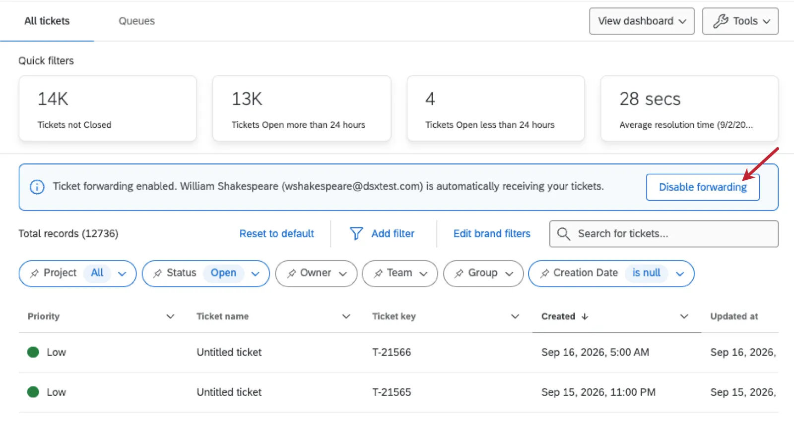 blue ticket forwarding banner on the follow up page
