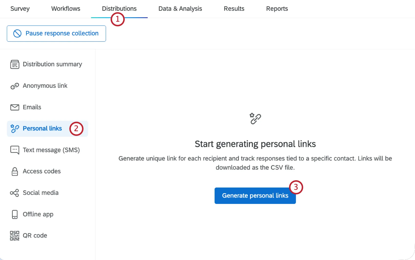 personal links section within the distributions tab