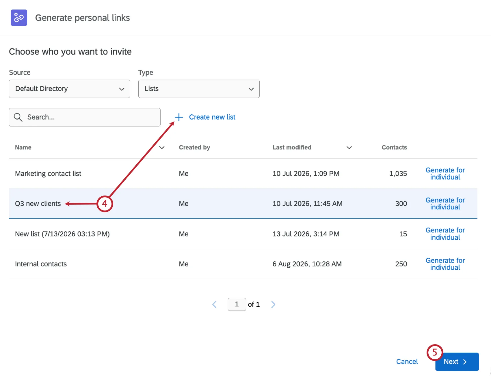 arrows pointing to a selected list and the button to create a new list