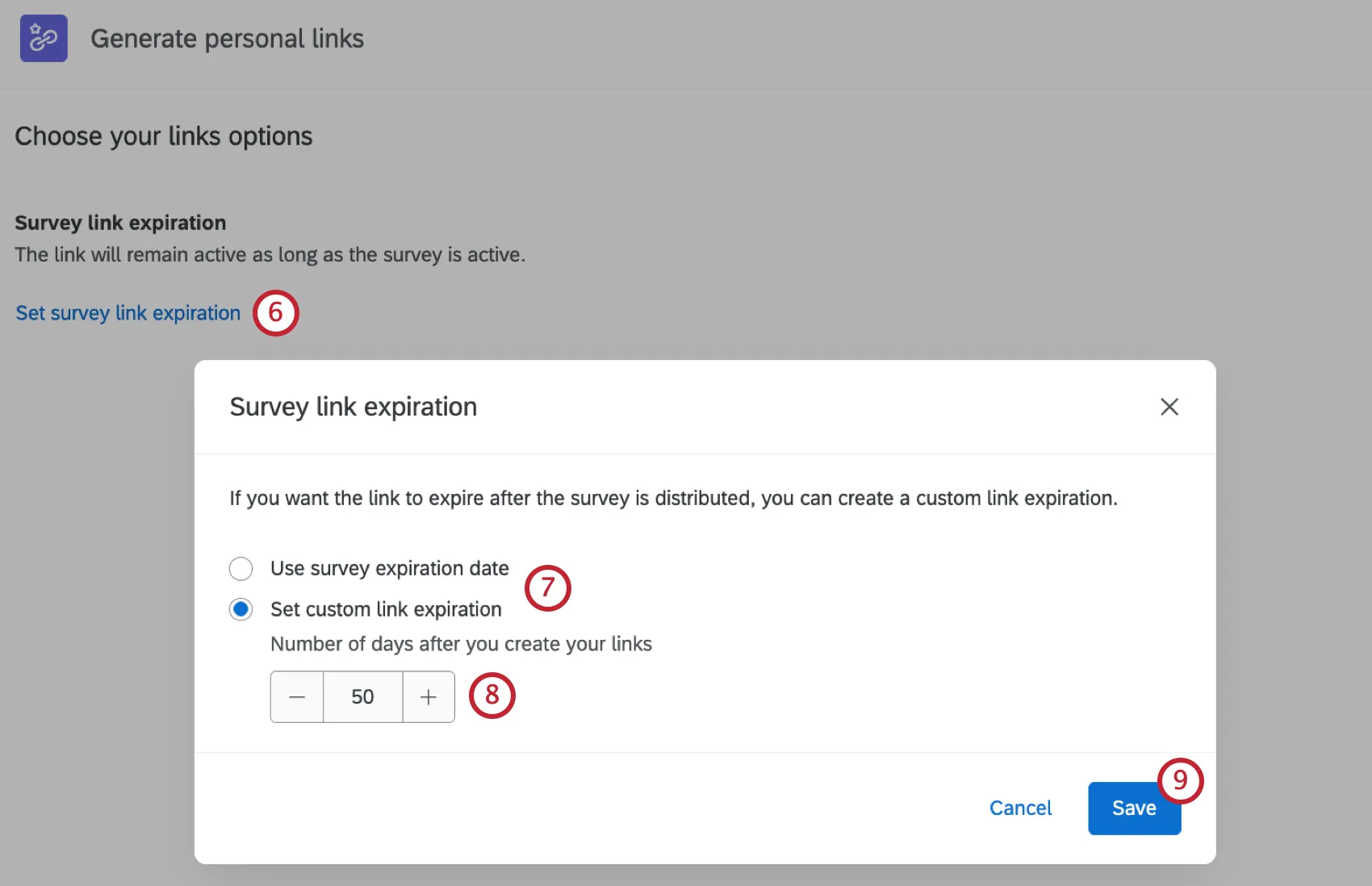 window to set a survey link expiration