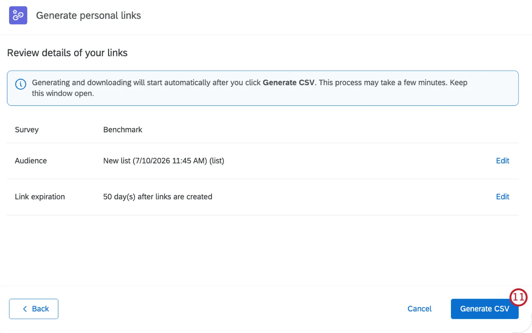 "Generate CSV" button
