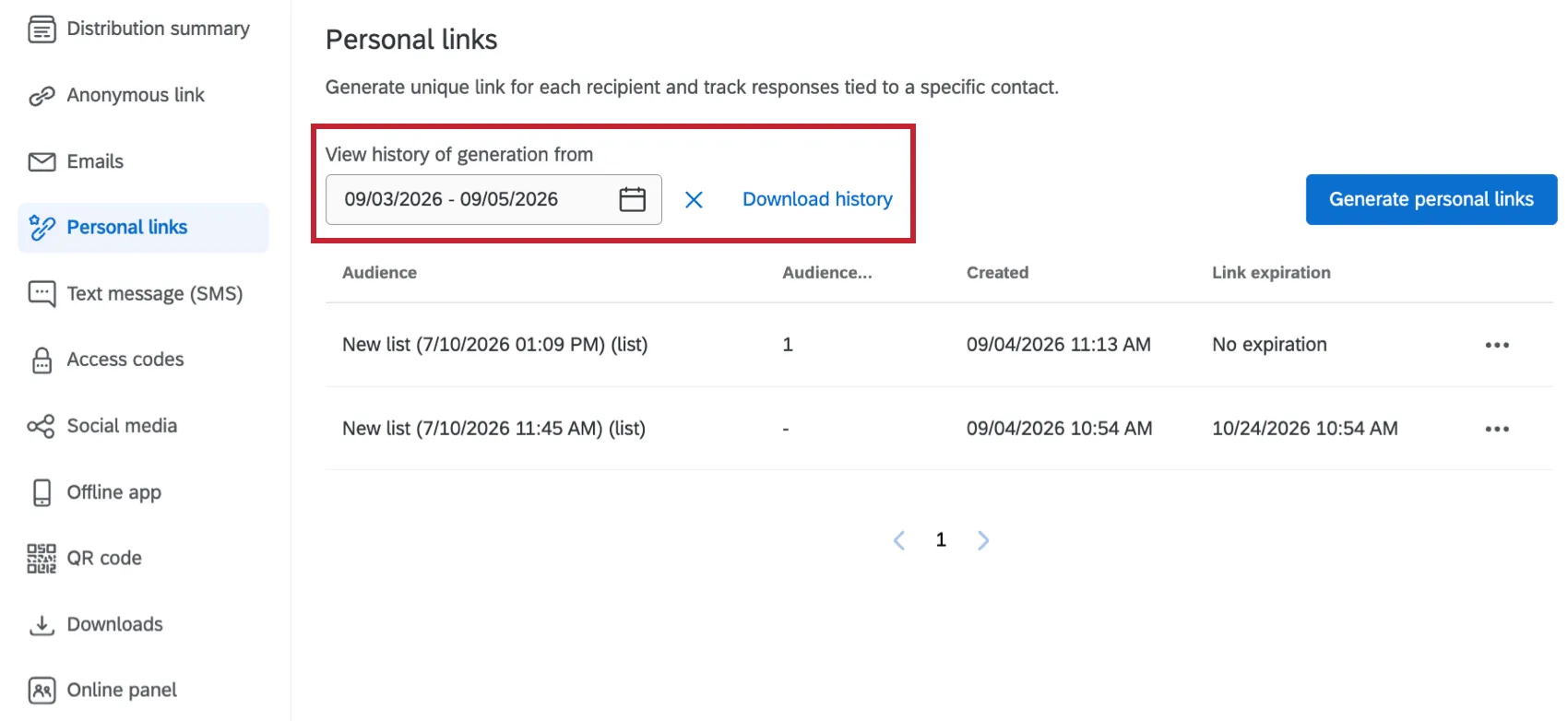 filtro de intervalo de datas na parte superior da aba “Distribuição de links pessoais”