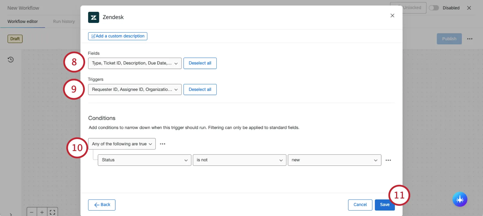 modal where you set up fields, triggers, and conditions for zendesk event