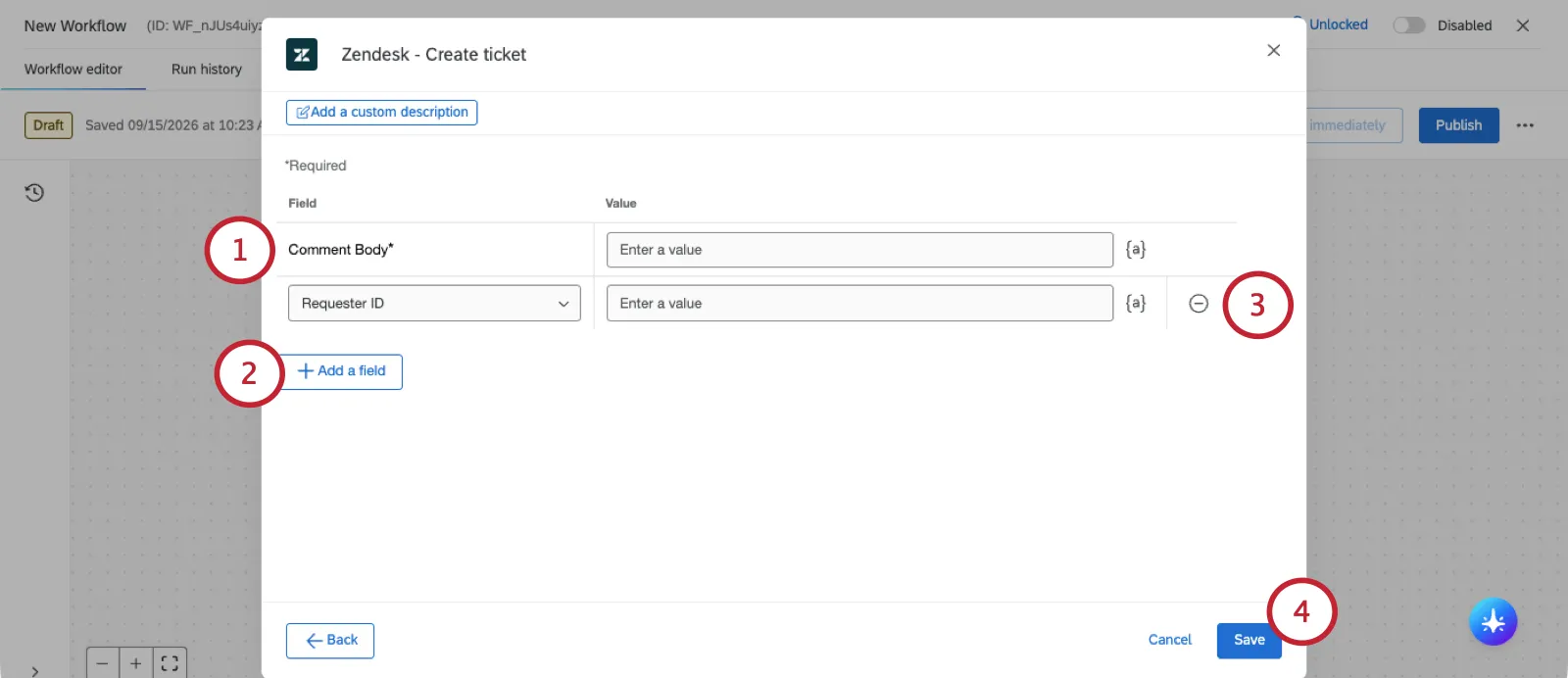 modal where you set up the zendesk create ticket task