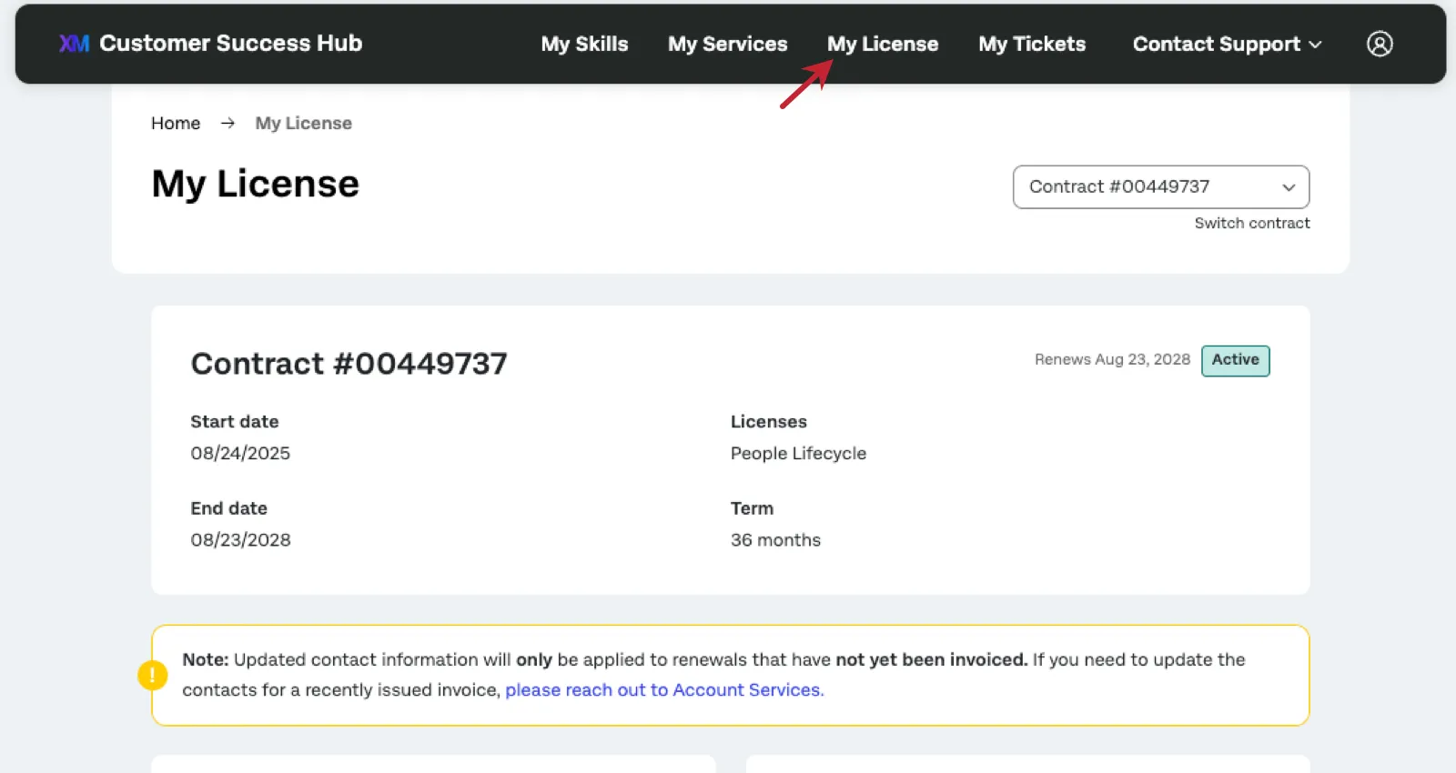 image of my license page in the hub, with an arrow showing where it appears in the top navigation bar next to my skills and my services