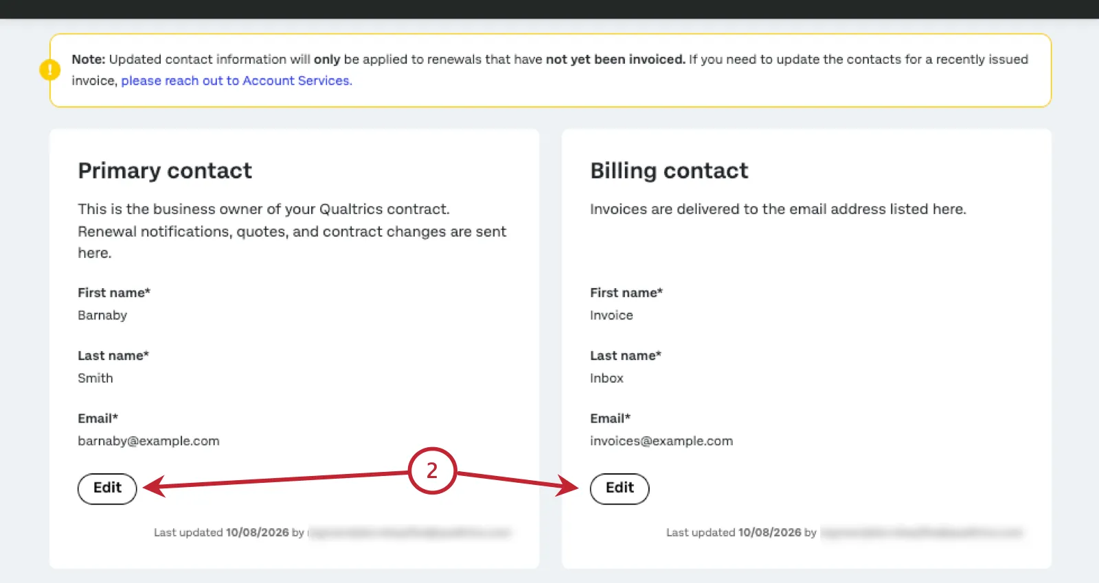 edit button at the bottom of the primary contact and billing contact tiles