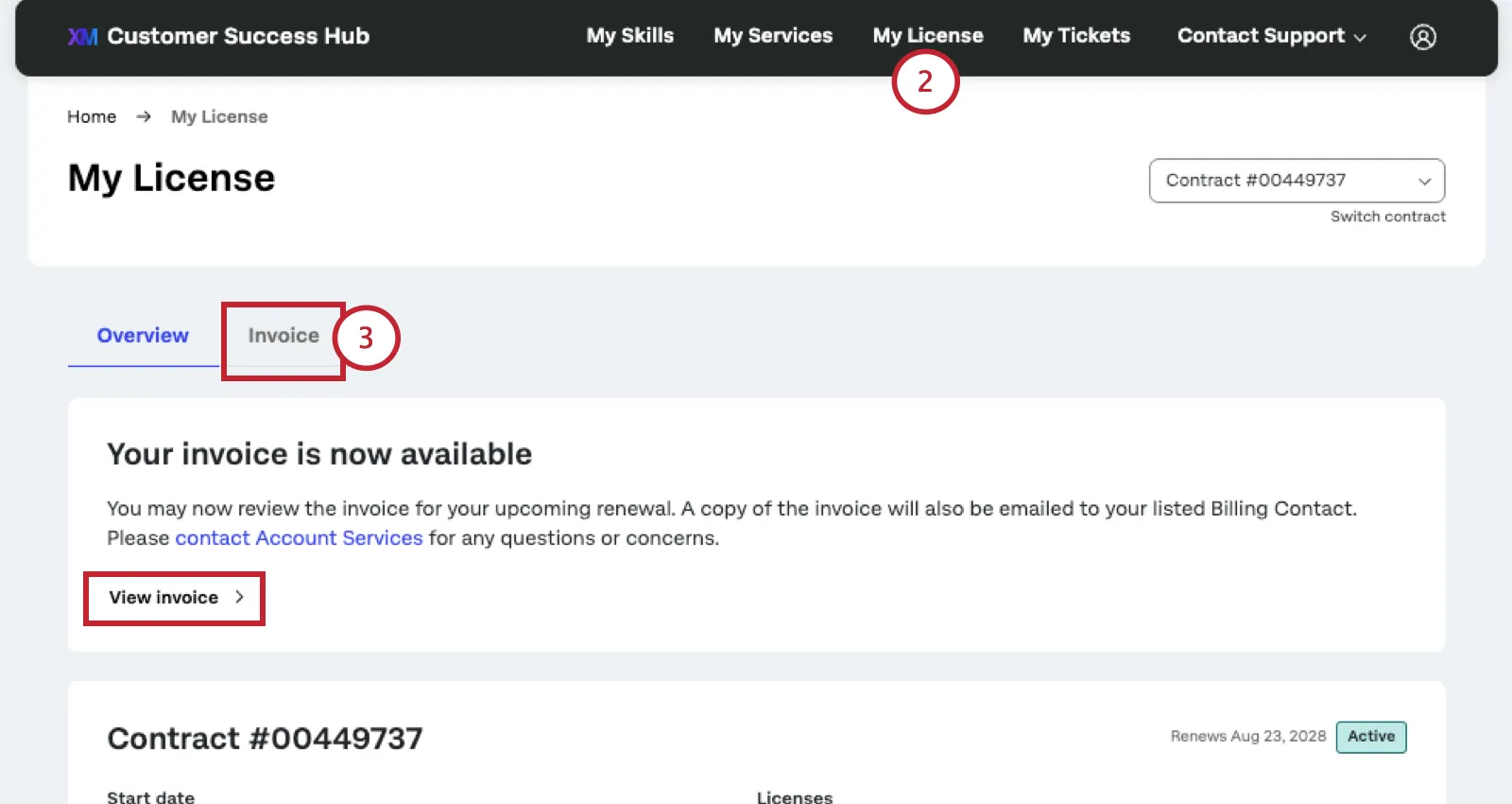 image of my license page and the invoice tab and view invoice button