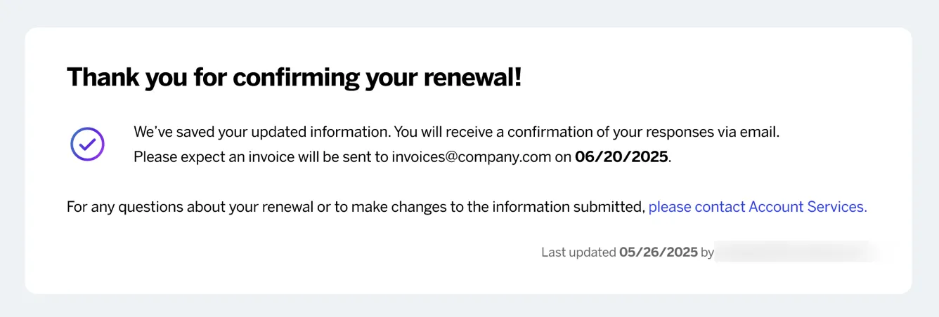 the confirmation page after submitting the renewal