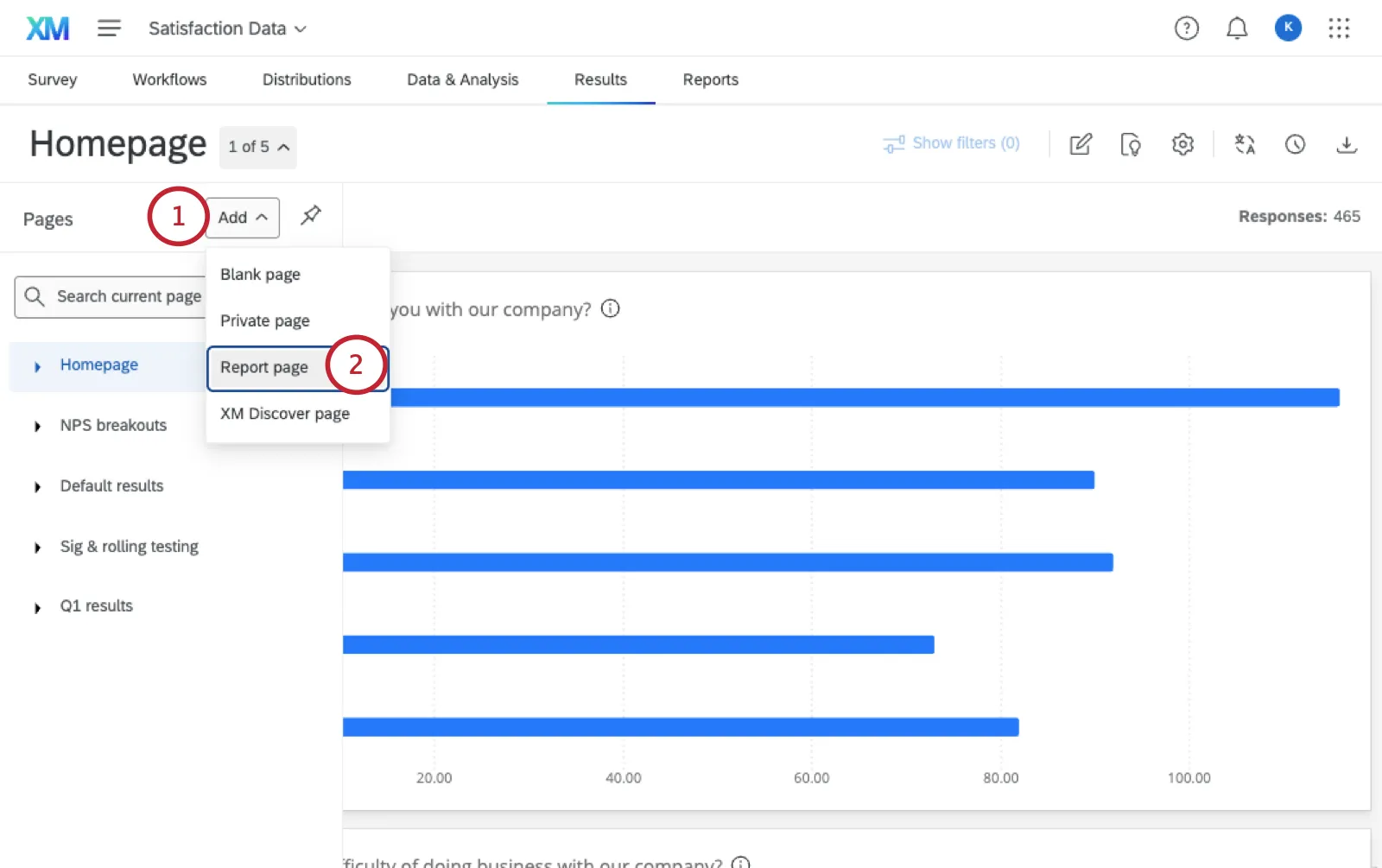 results dashboard. in page menu add is clicked and report page is highlighted 
