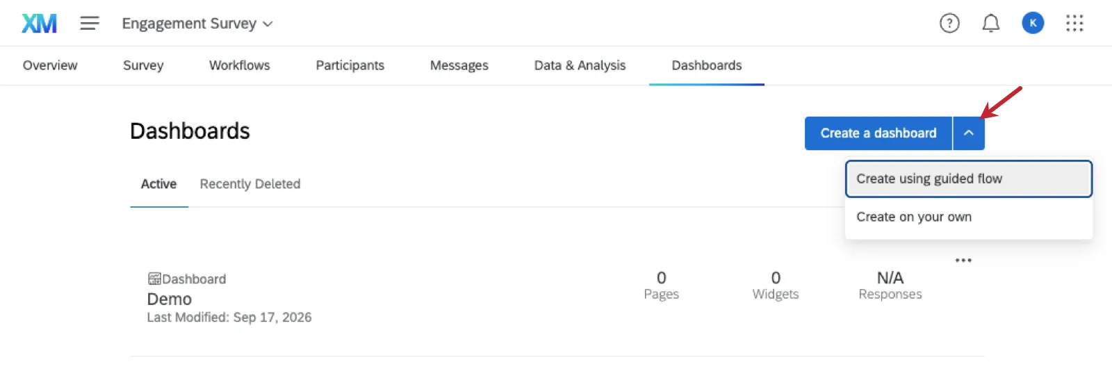 list of dashboards. on the right is a create a dashboard button, with an arrow that reveals a create using guided flow option