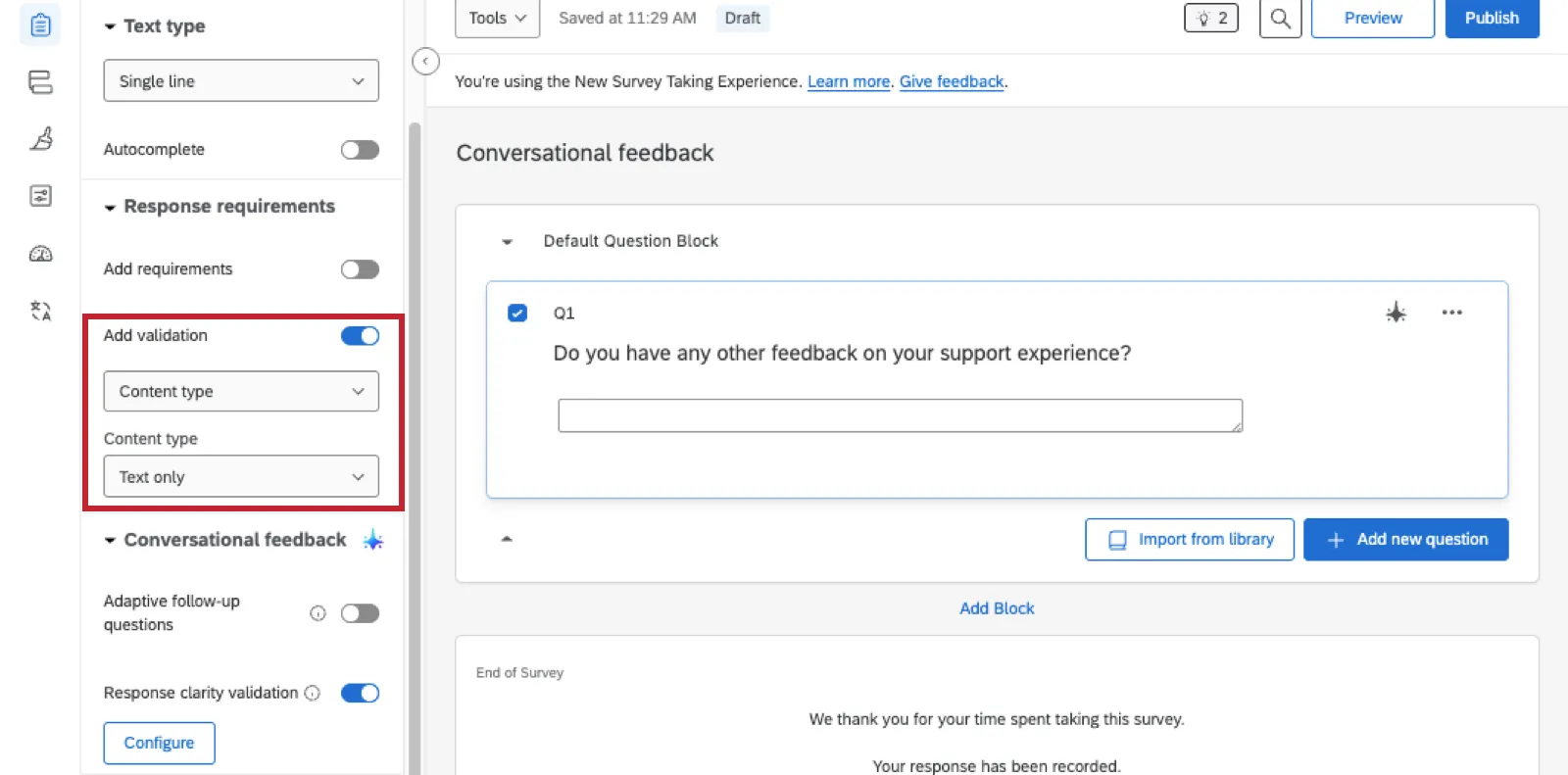 A single line text entry question with its editing panel open to show how the content type is set to text only