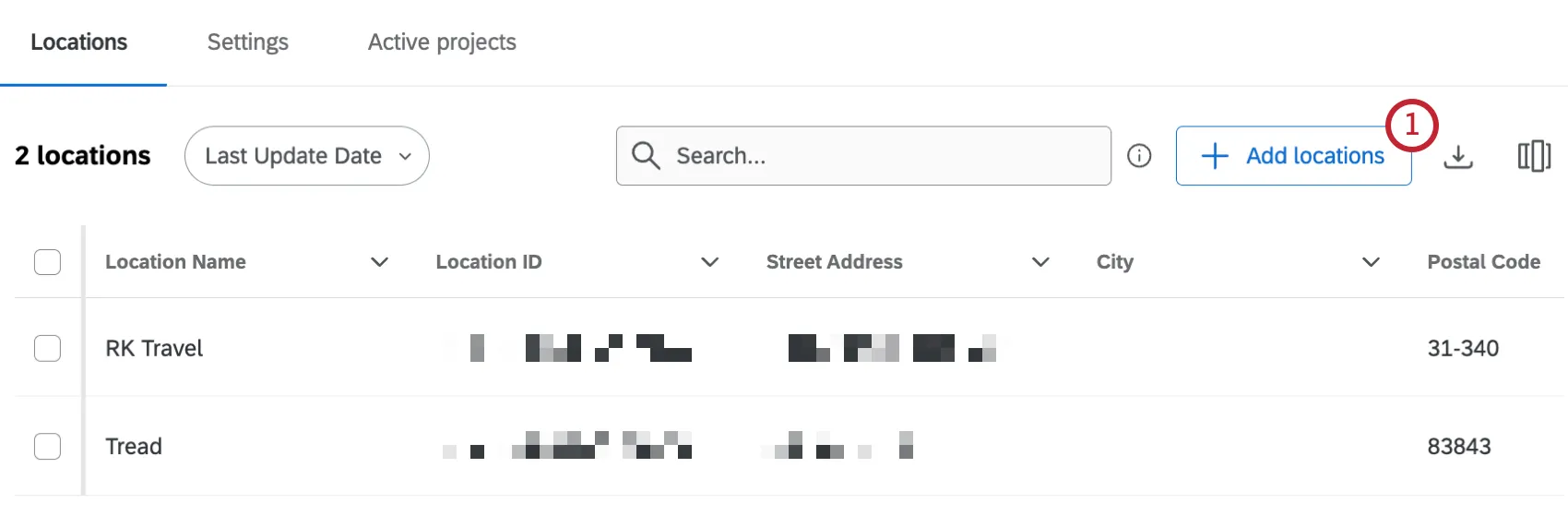"add locations" button within the location directory