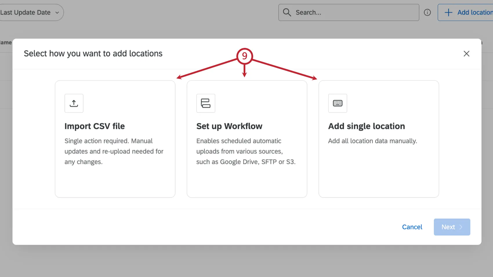 arrows pointing to the options to add a location to the directory
